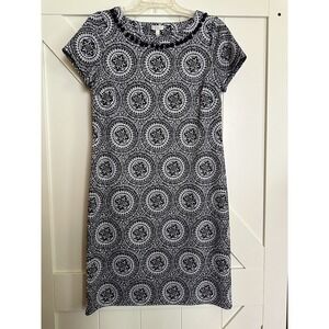 Talbots Black White Medallion Print Pompom Short Sleeve Shift Dress‎ Size Small